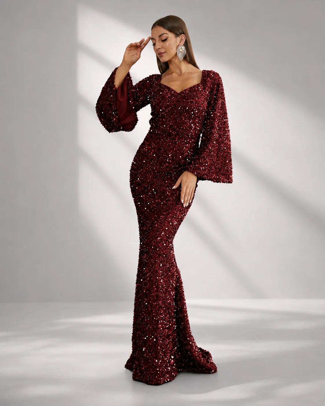 Women’s Rose Gold Evening Sequin V-Neck Mermaid Maxi Dress with Bell Sleeves