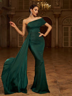Women’s Dark Green Elegant One-Shoulder Sleeveless Tailored Maxi Dress