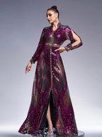 Women’s Multicolor Elegant Sequin Mesh Stand Collar Split Long Sleeve A-Line Maxi Dress with Contrast Trim