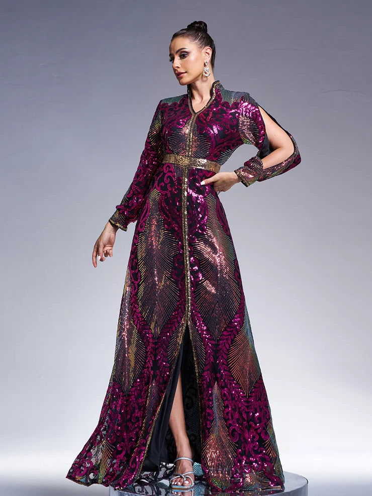 Women’s Multicolor Elegant Sequin Mesh Stand Collar Split Long Sleeve A-Line Maxi Dress with Contrast Trim