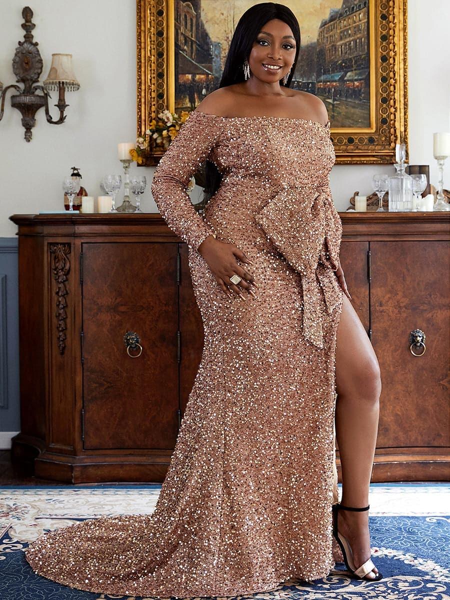 Plus Size Off The Shoulder Bow Knot Split Maxi Evening Dress