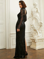 Women’s Black Elegant Sequin Mesh High Neck Long Sleeve High Slit Mermaid Maxi Dress