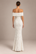 Women’s Ivory Elegant 3D Floral Lace Off-Shoulder Short Sleeve Mermaid Maxi Wedding Dress