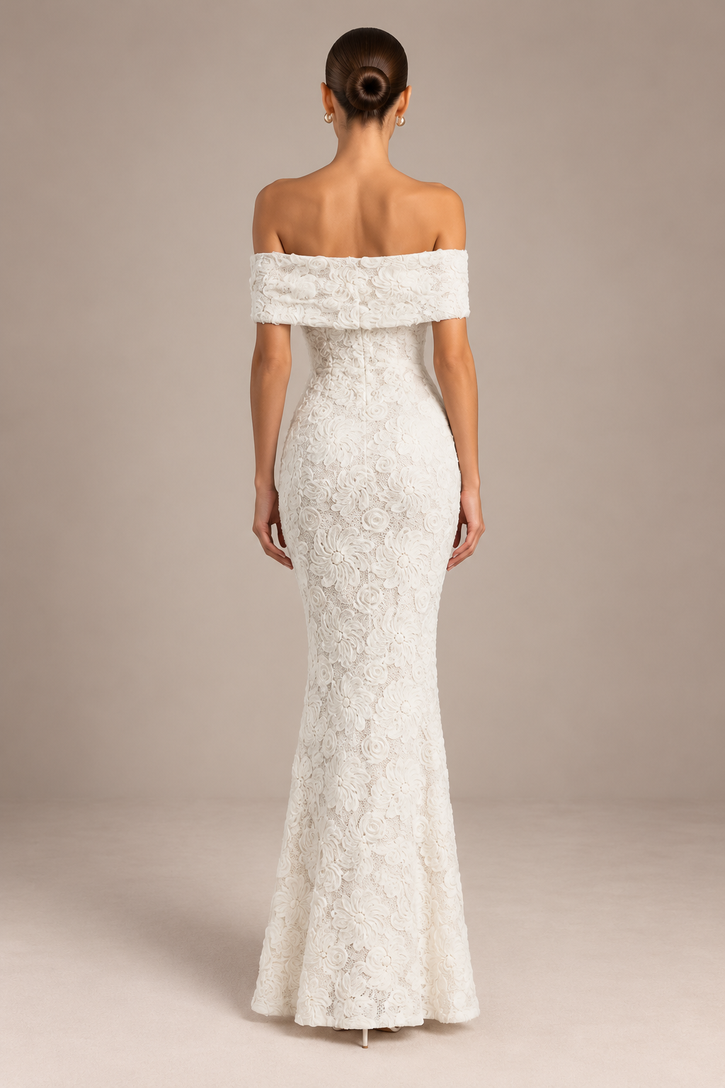 Women’s Ivory Elegant 3D Floral Lace Off-Shoulder Short Sleeve Mermaid Maxi Wedding Dress