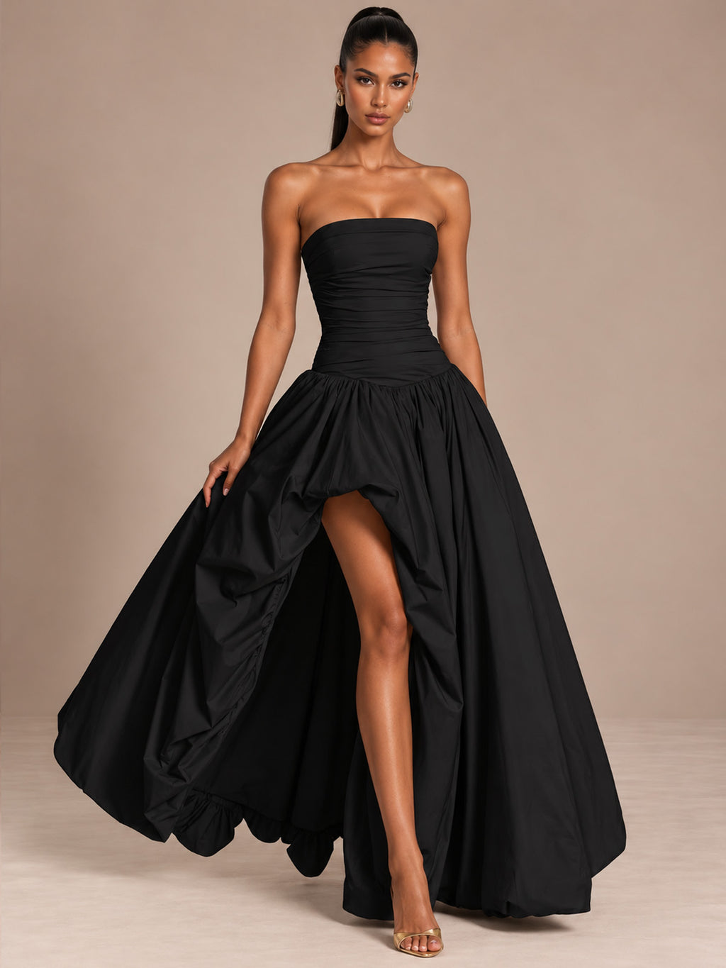 Women’s Butter Yellow Elegant Strapless Sleeveless A-Line Maxi Dress with Ruched Bodice, High-Low Hem and Lace-Up Back