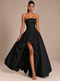Women’s Butter Yellow Elegant Strapless Sleeveless A-Line Maxi Dress with Ruched Bodice, High-Low Hem and Lace-Up Back