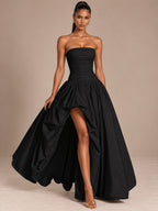 Women’s Butter Yellow Elegant Strapless Sleeveless A-Line Maxi Dress with Ruched Bodice, High-Low Hem and Lace-Up Back