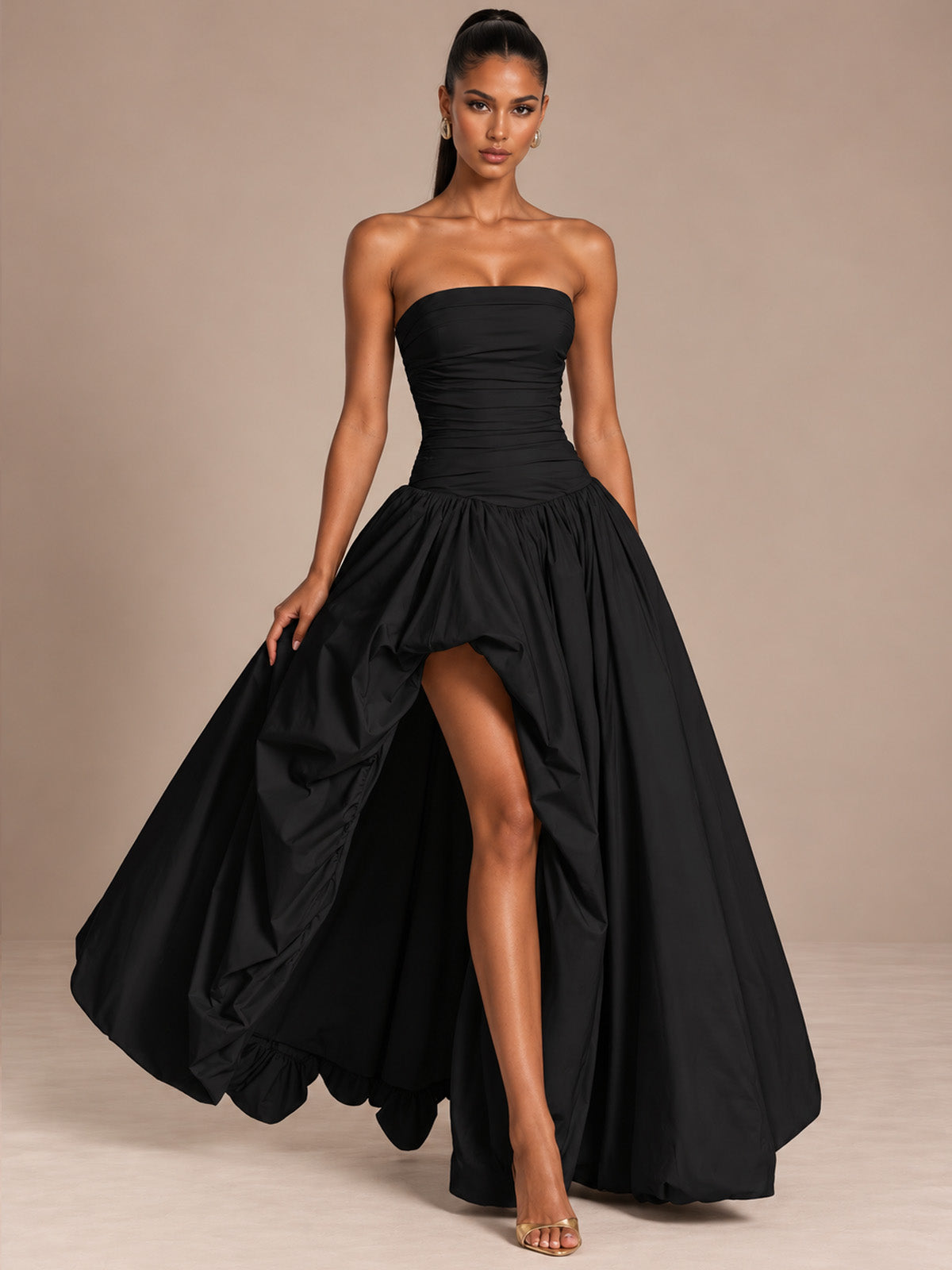 Women’s Butter Yellow Elegant Strapless Sleeveless A-Line Maxi Dress with Ruched Bodice, High-Low Hem and Lace-Up Back