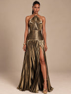 Women’s Metallic Glamorous Halter Neck Sleeveless Backless A-Line Maxi Dress with Ruched Waist and High Slit