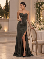 Women’s Dark Olive Green Elegant Strapless Sweetheart Neck Sleeveless Mermaid Maxi Dress with Ruched Detail and High Slit
