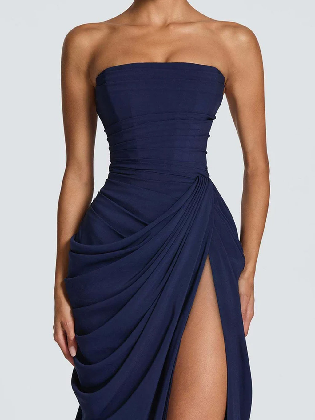 Women’s Pale Yellow Glamorous Strapless Sleeveless Slim Fit Maxi Dress with Ruched High Slit Detail