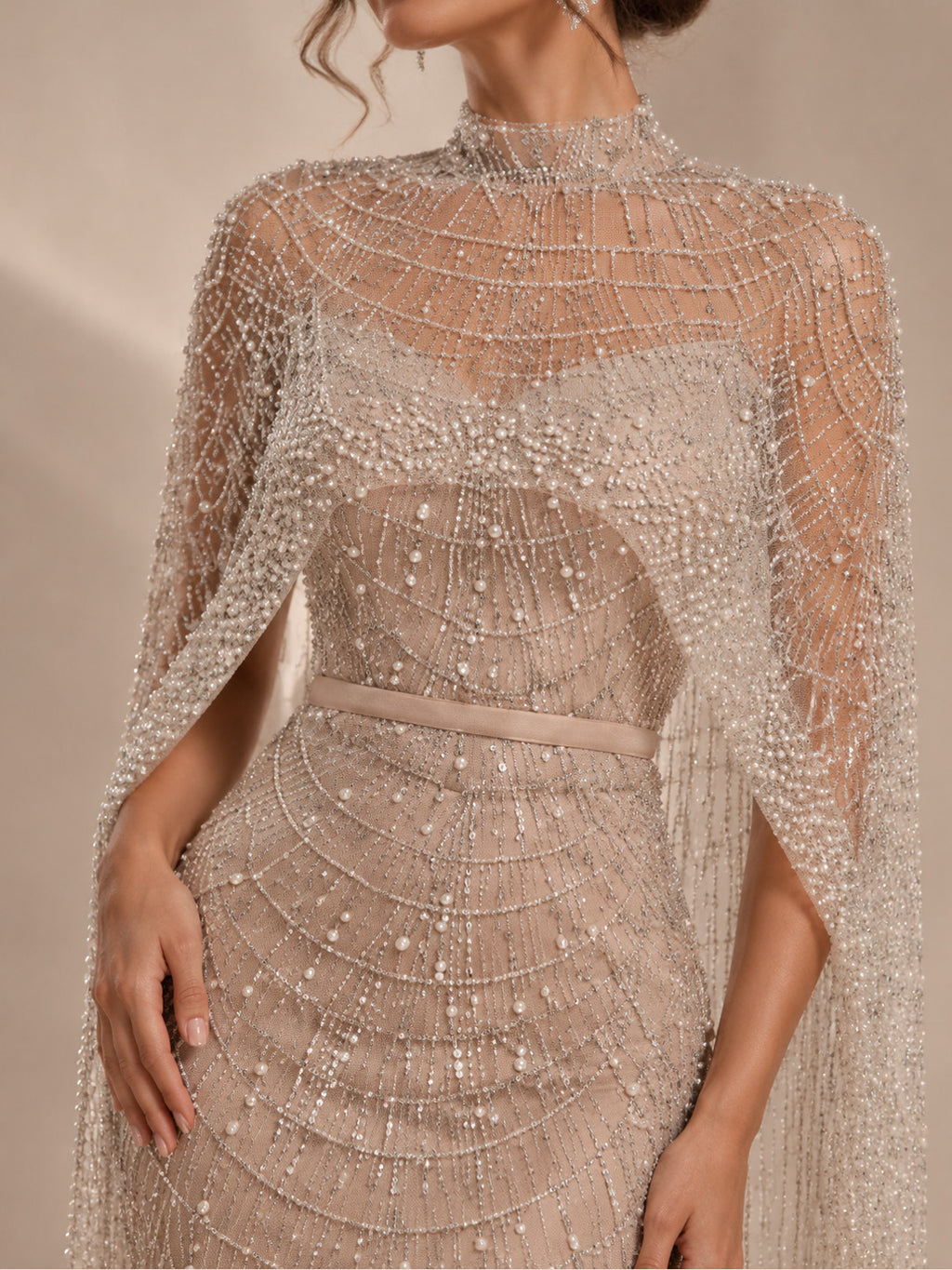 Women’s Champagne Beaded Mermaid Wedding Dress High Neck Long Sleeve Bridal Gown with Crystal Embellished Cape Detail