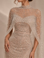 Women’s Champagne Beaded Mermaid Wedding Dress High Neck Long Sleeve Bridal Gown with Crystal Embellished Cape Detail