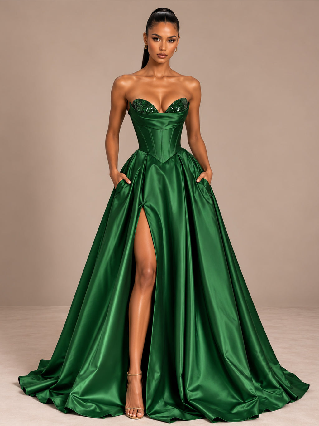 Women’s Black Glamorous Satin Strapless Sweetheart Neck Sleeveless A-Line Maxi Dress with Sequin Detail, Corset Waist and High Slit