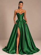 Women’s Black Glamorous Satin Strapless Sweetheart Neck Sleeveless A-Line Maxi Dress with Sequin Detail, Corset Waist and High Slit