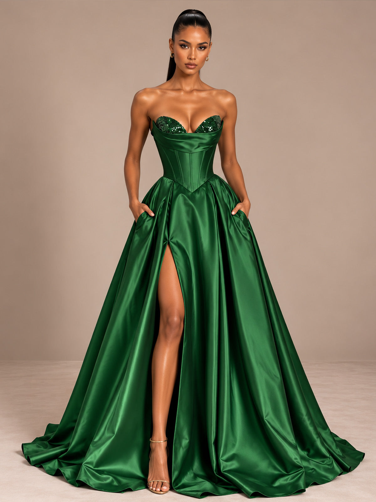 Women’s Black Glamorous Satin Strapless Sweetheart Neck Sleeveless A-Line Maxi Dress with Sequin Detail, Corset Waist and High Slit