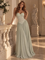 Women’s Blush Pink Elegant Chiffon Sweetheart Neck Spaghetti Strap A-Line Maxi Dress with Lace Corset Detail