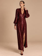 Women’s Champagne Gold Glamorous Sequin V-Neck Long Balloon Sleeve Shift Maxi Dress with Asymmetric Hem Detail