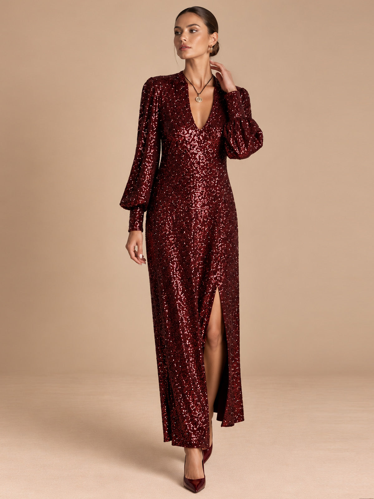 Women’s Champagne Gold Glamorous Sequin V-Neck Long Balloon Sleeve Shift Maxi Dress with Asymmetric Hem Detail