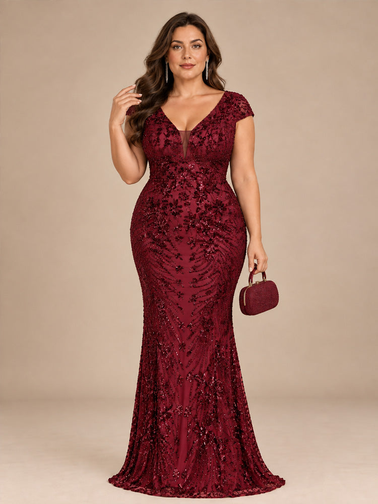Women’s Olive Green Elegant Sequin Mesh V-Neck Cap Sleeve Mermaid Maxi Dress