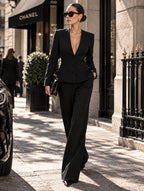 Women's Tailored Deep V-Neck Long Sleeve Blazer and Wide-Leg Pants Set with Three-Button Detail
