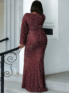 Women’s Silver Blue Glamorous Sequin Mesh V Neck Long Bell Sleeve Mermaid Maxi Dress with Embellished Detail