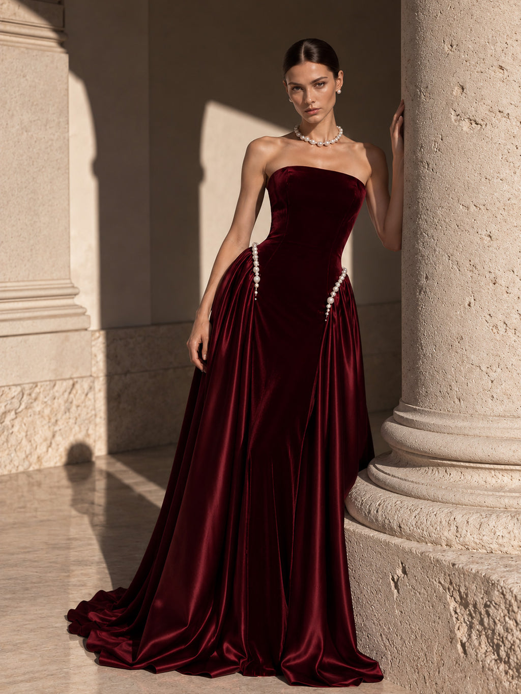 Women’s Navy Blue Elegant Velvet Strapless Sleeveless A-Line Maxi Dress with Pearl Embellishment and Lace-Up Back Detail