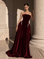 Women’s Navy Blue Elegant Velvet Strapless Sleeveless A-Line Maxi Dress with Pearl Embellishment and Lace-Up Back Detail