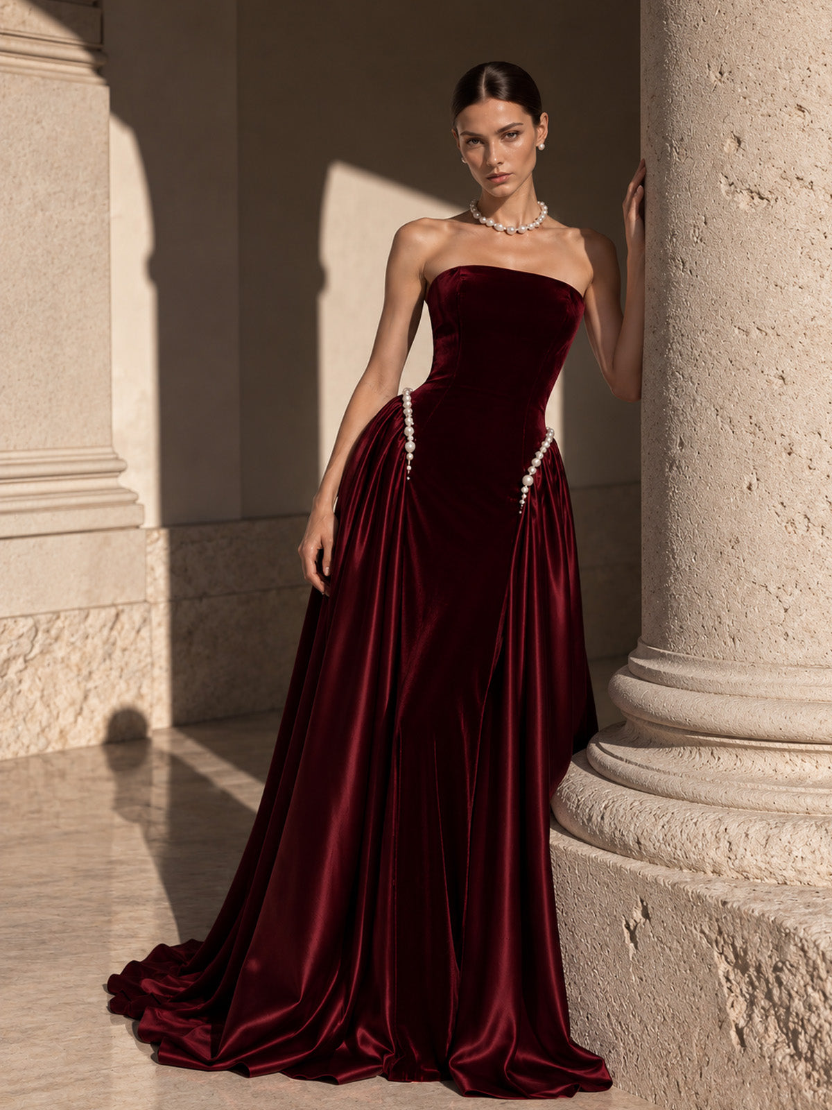 Women’s Navy Blue Elegant Velvet Strapless Sleeveless A-Line Maxi Dress with Pearl Embellishment and Lace-Up Back Detail