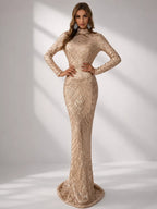 Women’s Black Glamorous Sequin Mock Neck Long Sleeve Mermaid Maxi Dress with Fringe Detail