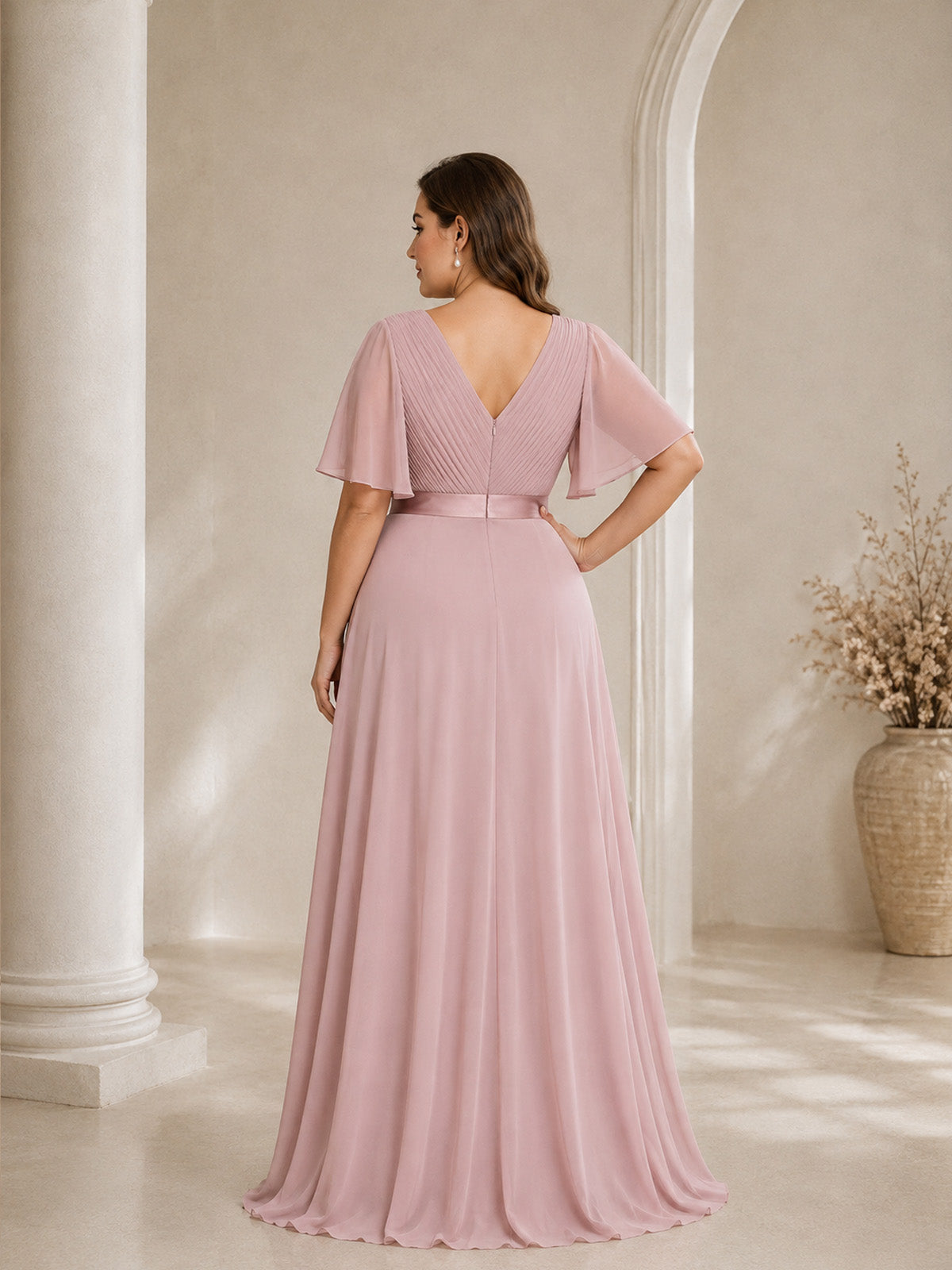 Women’s White Graceful Chiffon V Neck Flutter Short Sleeve A-Line Maxi Dress with Pleated Bodice Detail