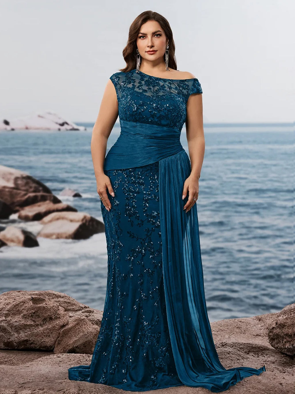 Women’s Black Elegant Sequin Lace Asymmetric Neck Cap Sleeve Mermaid Maxi Dress with Draped Side Panel