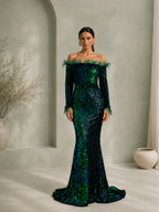 Damen bordeauxrotes, luxuriöses Pailletten-Off-Shoulder-Maxikleid mit langen Ärmeln im Meerjungfrauen-Stil
