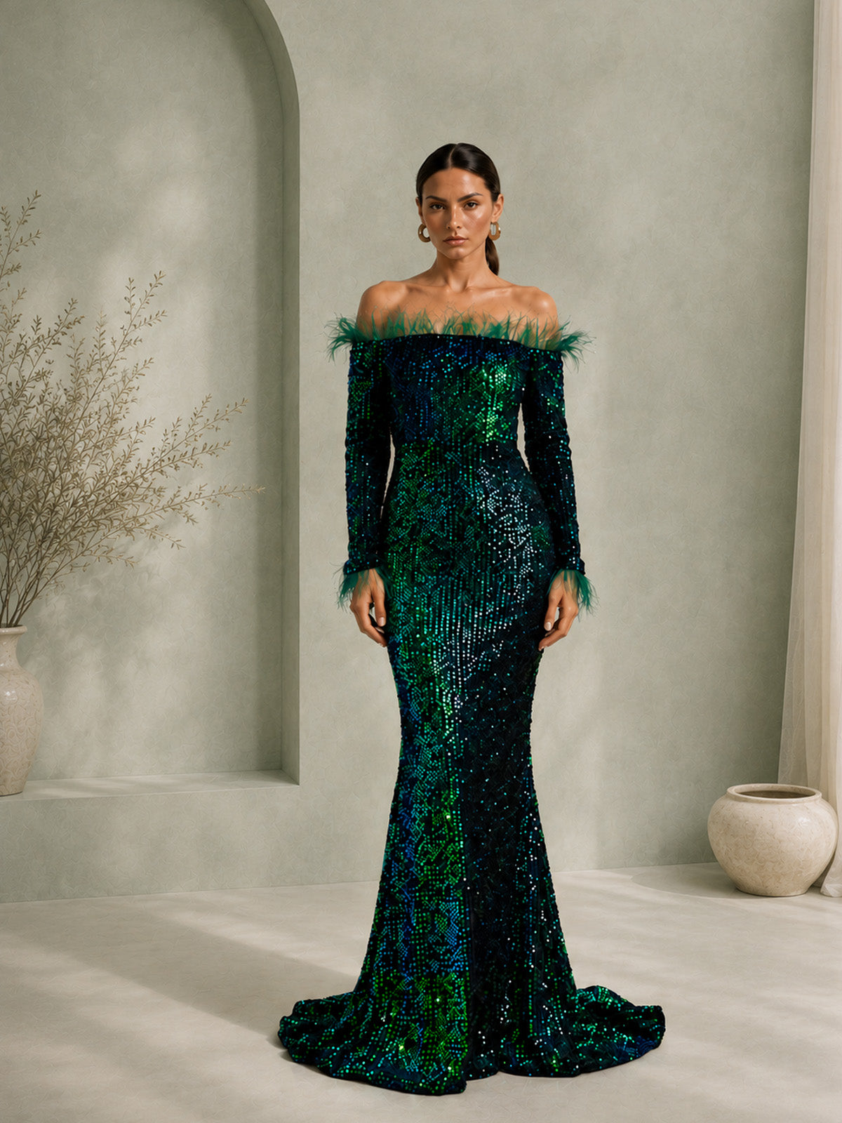 Damen bordeauxrotes, luxuriöses Pailletten-Off-Shoulder-Maxikleid mit langen Ärmeln im Meerjungfrauen-Stil