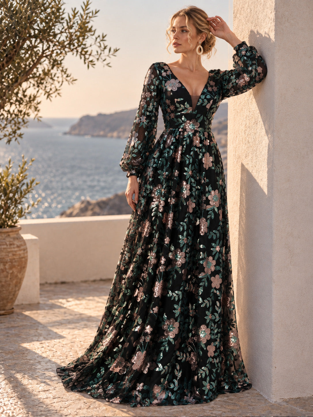 Women’s Champagne Elegant Floral Sequin V-Neck Long Sleeve A-Line Maxi Dress with Sheer Mesh Detail
