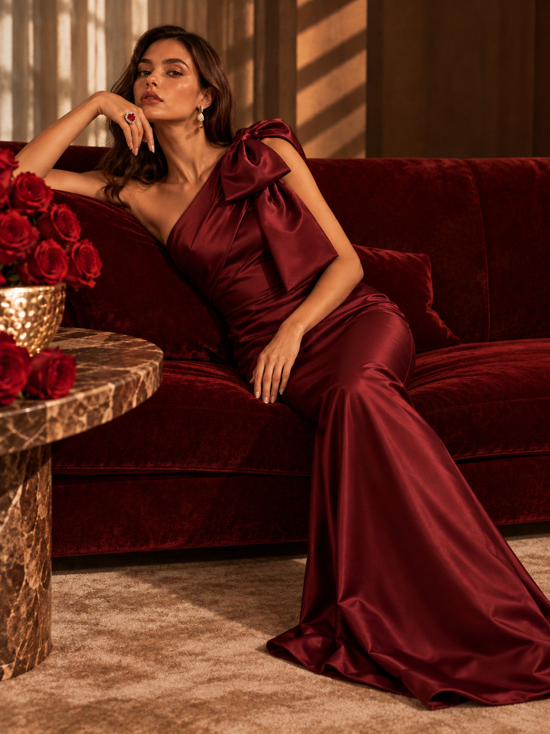 Women’s Burgundy Elegant Satin One Shoulder Sleeveless Mermaid Maxi Dress with Oversized Bow Detail