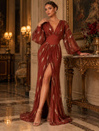 Women's Luxe Black and Gold Metallic Print V-Neck Long Sleeve High Slit Maxi Evening Dress
