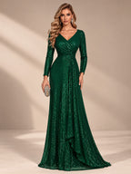 Women’s Silver Elegant Sequin V-Neck Long Sleeve A-Line Maxi Dress with Ruched Waist