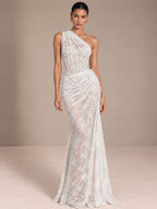 Women’s Burgundy Elegant Floral Lace One Shoulder Sleeveless Sheath Maxi Dress with Asymmetric Ruched Detail