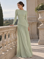 Women’s Black and White Elegant Round Neck Long Sleeve Colorblock A-Line Maxi Dress with Asymmetric Waist and Pleated Detail