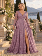 Women’s Dusty Mauve Elegant Floral Lace V-Neck Long Sleeve A-Line Maxi Dress with High Slit