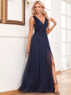 Women’s Navy Blue Elegant Glitter V-Neck Sleeveless A-Line Maxi Dress with Ruched Waist and High Slit