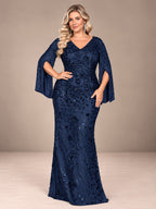 Women’s Teal Blue Elegant Sequin V-Neck Cape Sleeve Mermaid Maxi Dress with Floral Embroidery