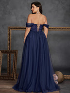 Women’s Olive Green Elegant Tulle Off Shoulder Short Sleeve A-Line Maxi Dress with Floral Appliqué