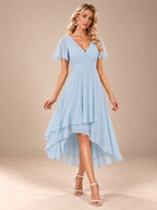 Women’s Emerald Green Elegant Chiffon V-Neck Flutter Sleeve High-Low A-Line Midi Dress with Wrap Detail