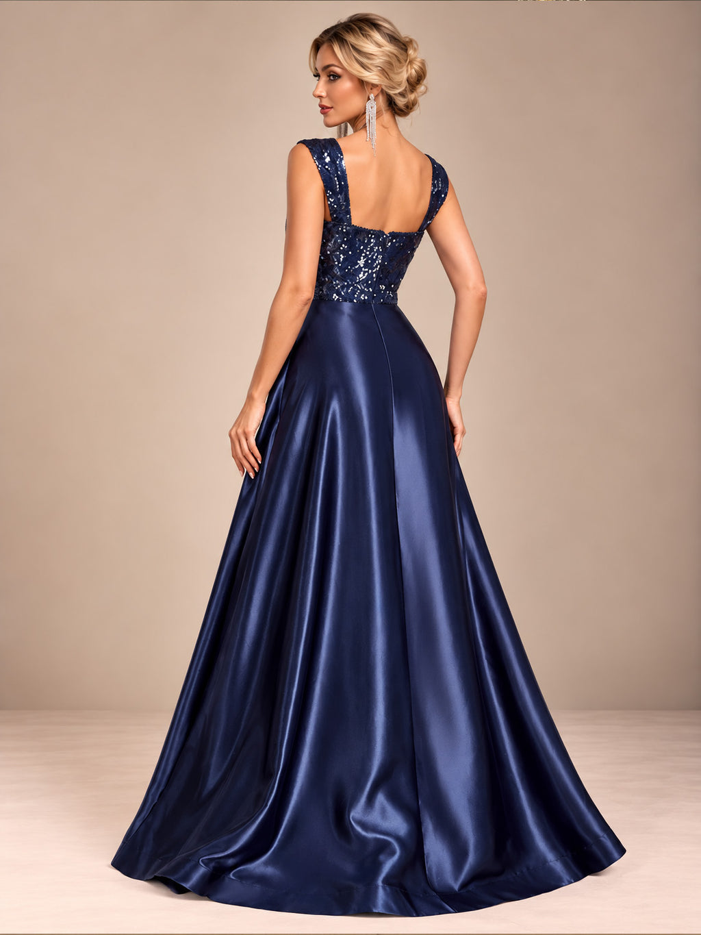 Women’s Navy Blue Elegant Sequin Sweetheart Neck Sleeveless Satin A-Line Maxi Dress with Peplum Waist Detail