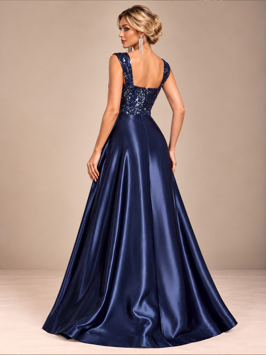 Women’s Navy Blue Elegant Sequin Sweetheart Neck Sleeveless Satin A-Line Maxi Dress with Peplum Waist Detail