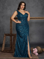 Women’s Olive Glamorous Sequin V Neck Sleeveless High Slit Maxi Dress