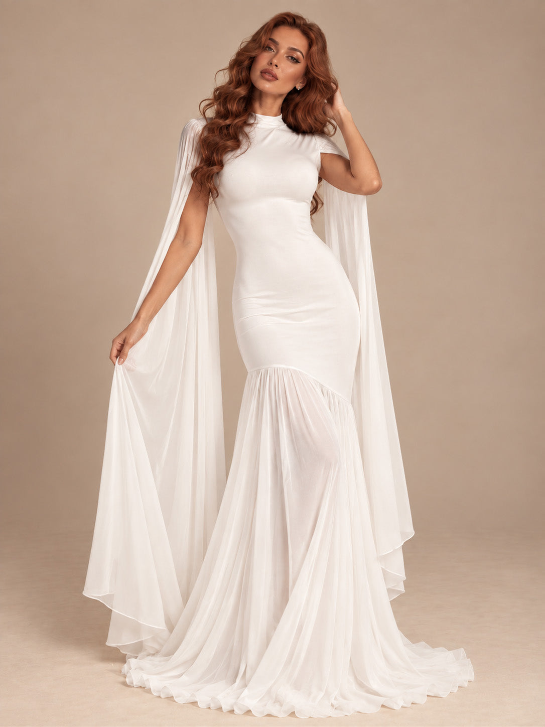 Women’s Butter Yellow Elegant Chiffon High Neck Sleeveless Maxi Dress with Cape Sleeves and Asymmetric Mermaid Hem