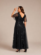 Women’s Burgundy Glamorous Sequin Mesh V Neck Flutter Short Sleeve A-Line Maxi Dress with Embellished Detail